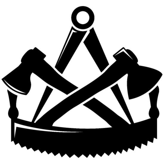 Czarno-biała grafika: skrzyżowane topory, cyrkiel i piła tworzą unikalny symbol stolarski. Prosty, ale wyrazisty znak graficzny.