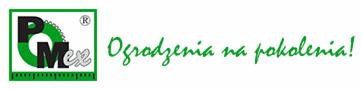 Logo firmy PMex z zielonym symbolem piły tarczowej i napisem 'Ogrodzenia na pokolenia!'