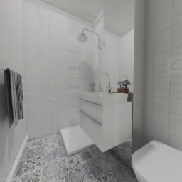 Wizualizacja nowoczesnej łazienki z białą armaturą, kabiną prysznicową bez brodzika i wzorzystą podłogą w odcieniach szarości i błękitu.