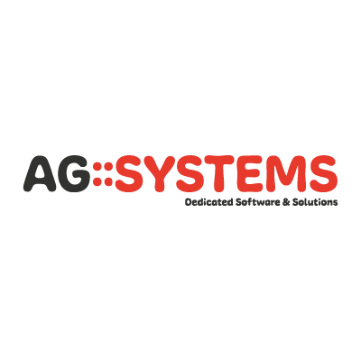 Logo firmy AG::SYSTEMS z hasłem 'Dedicated Software & Solutions' w kolorach czarnym i czerwonym na białym tle.