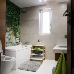 Nowoczesna łazienka z białą armaturą, płytkami w odcieniach szarości i akcentem zieleni w postaci ręczników i fototapety z motywem pnączy.