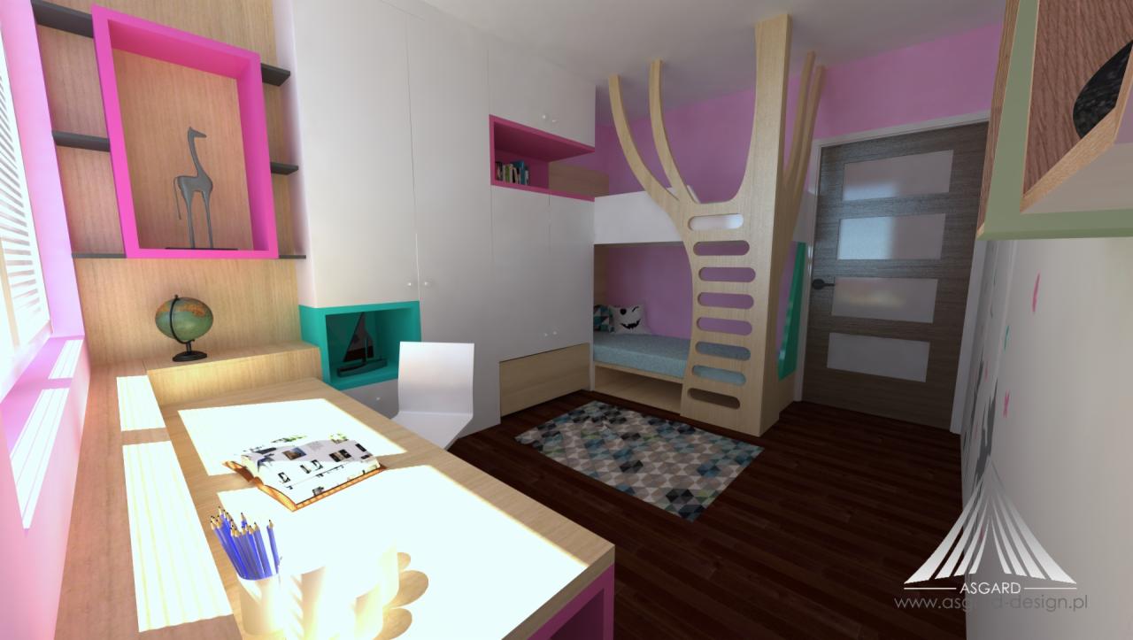 Wizualizacja pokoju dziecięcego z biurkiem, łóżkiem piętrowym w formie drzewa i szafami w zabudowie, akcenty w kolorze różowym i turkusowym, na biurku książka i pojemnik z kredkami.
