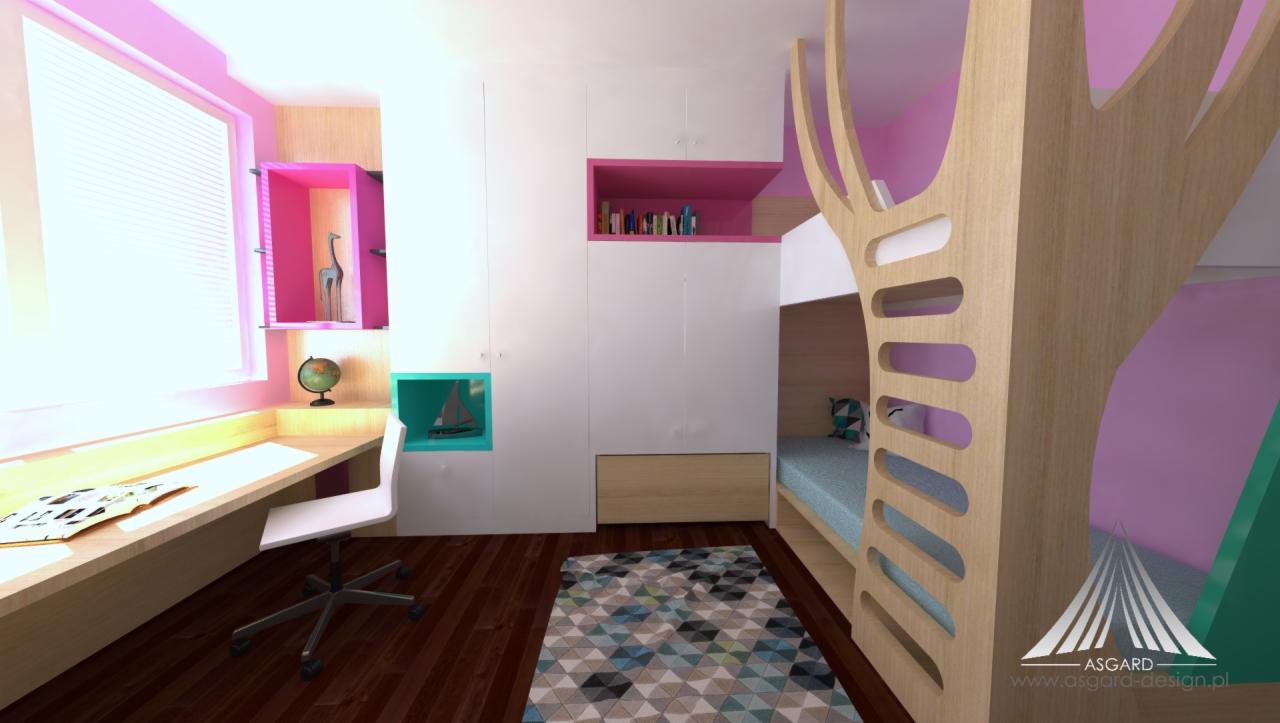 Wizualizacja pokoju dziecięcego z łóżkiem piętrowym stylizowanym na drzewo, biurkiem przy oknie i szafą w zabudowie z kolorowymi wnękami.