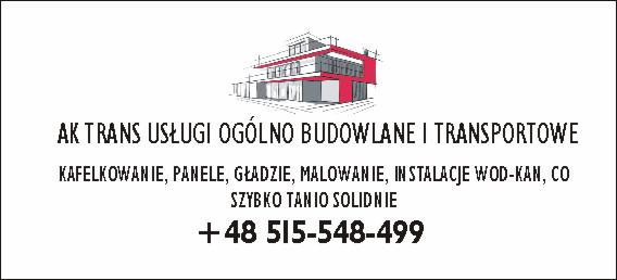 Wizytówka firmy budowlanej AK Trans z grafiką budynku, oferującej usługi ogólnobudowlane, transportowe, kafelkowanie, panele, gładzie, malowanie, instalacje wod-kan i co, z hasłem 'Szybko Tanio...