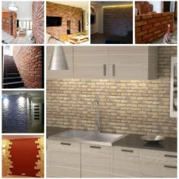 Mozaika z cegieł klinkierowych jako dekoracyjny element wykończenia ściany w kuchni, widoczny zlew dwukomorowy i drewnopodobne fronty szafek.