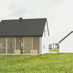 Wizualizacja domu jednorodzinnego z ciemnym dachem i drewnianą fasadą, widoczny aneks gospodarczy, na pierwszym planie zielona trawa.