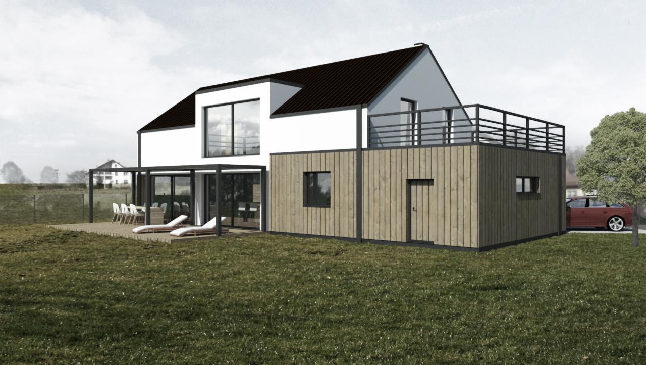 Wizualizacja domu jednorodzinnego z płaskim dachem i drewnianą elewacją, taras z pergolą i leżakami, balkon z metalową balustradą, czerwony samochód w tle.