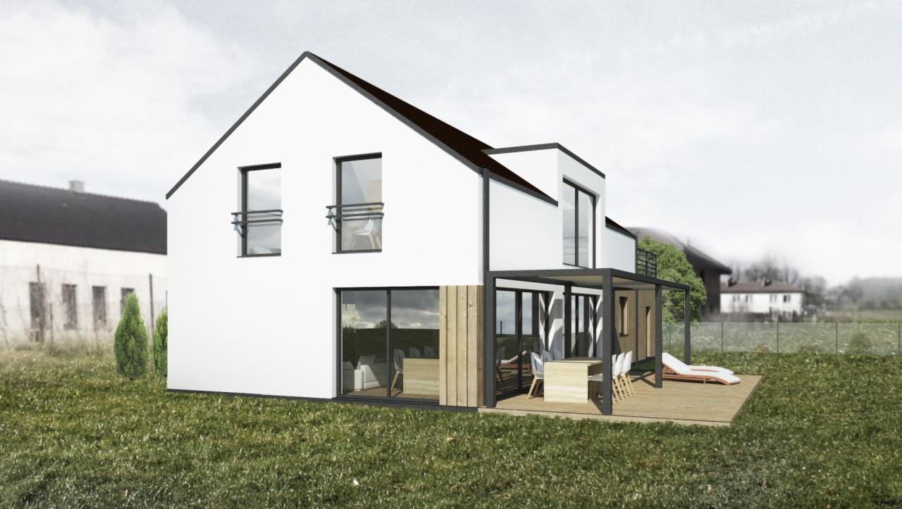 Wizualizacja nowoczesnego, dwukondygnacyjnego domu z płaskim dachem i pergolą, z widocznym tarasem z drewnianą podłogą oraz meblami ogrodowymi, na tle krajobrazu wiejskiego.