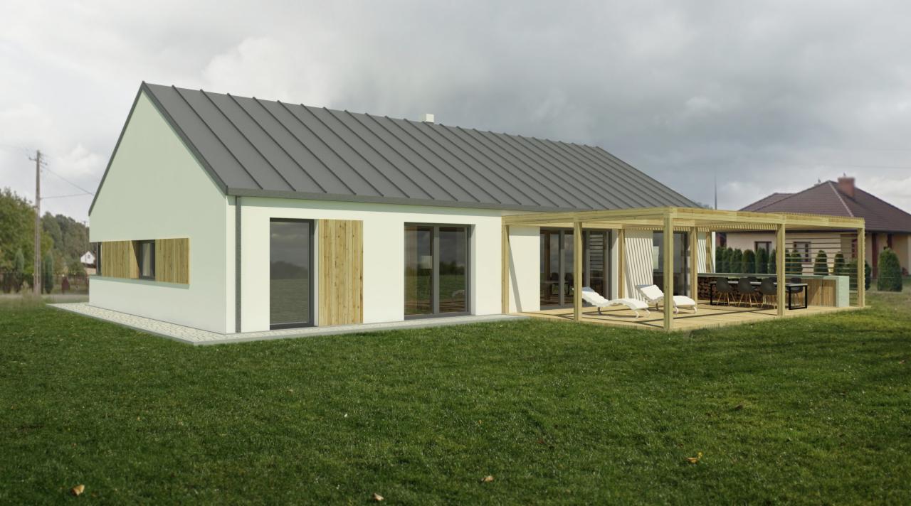 Wizualizacja parterowego domu jednorodzinnego z szarą, dwuspadową blachodachówką, drewnianą pergolą z miejscem do wypoczynku i jadalnią na zewnątrz, widok z ogrodu w pochmurny dzień.