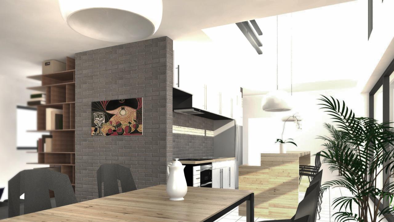 Wizualizacja wnętrza z ceglaną ścianą, nowoczesną kuchnią i drewnianym stołem, oświetlona wiszącymi lampami, z rośliną doniczkową w tle.