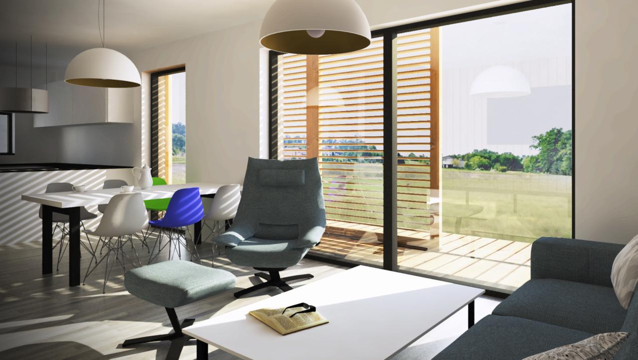 Wizualizacja nowoczesnego wnętrza domu z dużym oknem przesuwnym, widok na ogród, stół z krzesłami Eames, szary fotel z podnóżkiem i książką na białym stoliku kawowym.