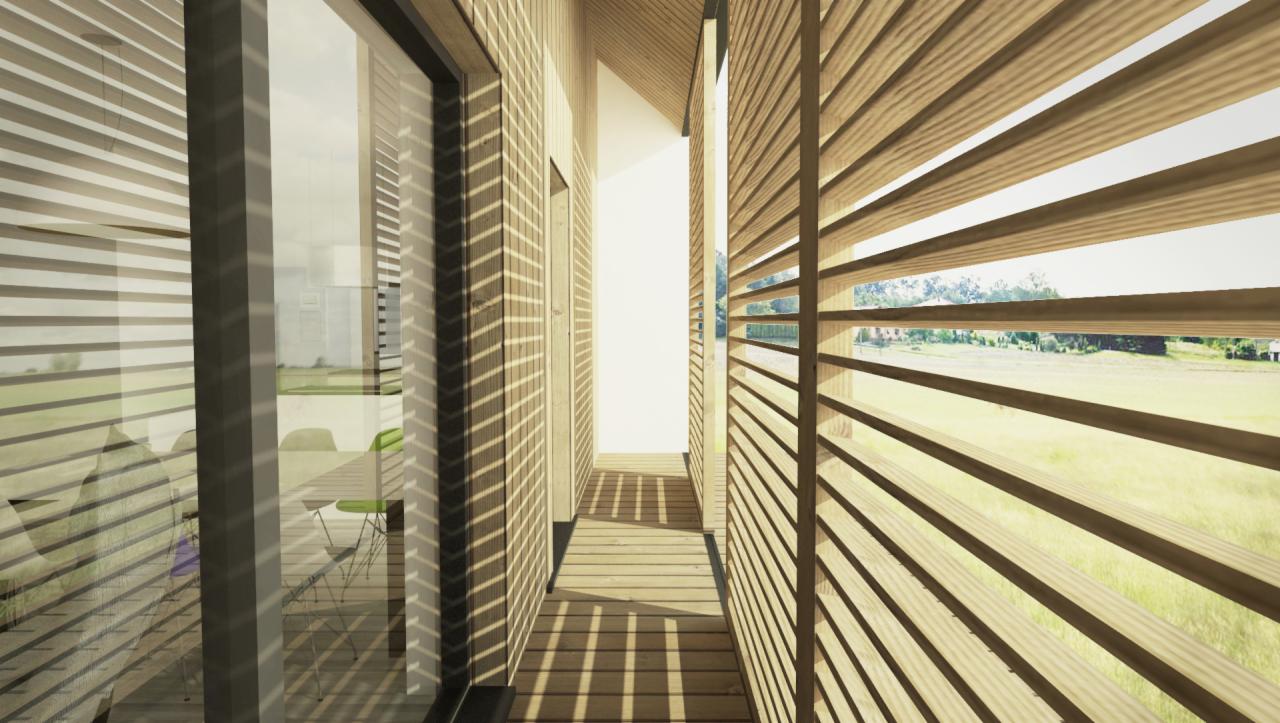 Wizualizacja korytarza w drewnianym domu z widokiem na ogród przez żaluzje, jasne wnętrze z elementami zieleni w tle.