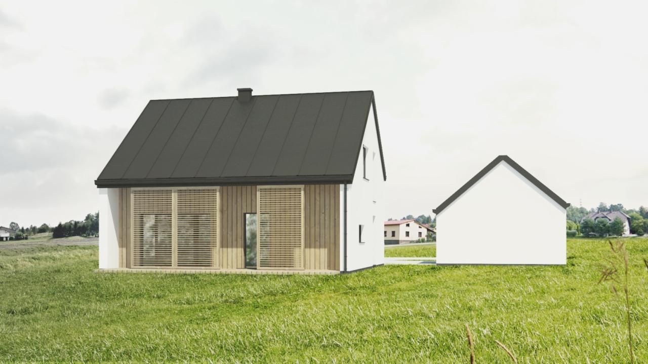 Wizualizacja domu jednorodzinnego z ciemnym dachem i drewnianą fasadą, widoczny aneks gospodarczy, na pierwszym planie zielona trawa.