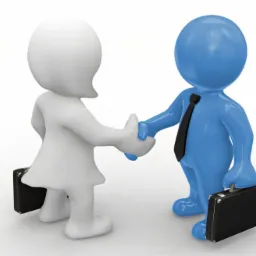 Dwóch trójwymiarowych, stylizowanych ludzików (biały i niebieski) w garniturach z teczkami, uścisk dłoni na białym tle.