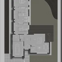 Szary plan architektoniczny domu jednorodzinnego z garażem i ogrodem, wykonany przez Studio Trzy Czwarte w Ostrowie Wielkopolskim, prezentujący układ pomieszczeń i zagospodarowanie terenu.