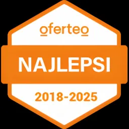 Pomarańczowo-biała odznaka Oferteo z napisem 'NAJLEPSI' i zakresem lat 2018-2025 na czarnym tle.