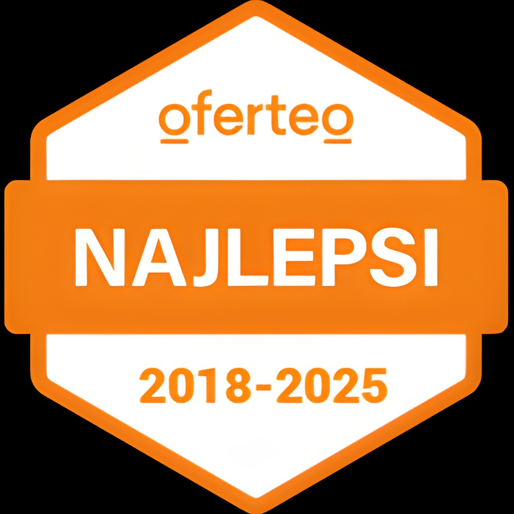 Pomarańczowo-biała odznaka Oferteo z napisem 'NAJLEPSI' i zakresem lat 2018-2025 na czarnym tle.