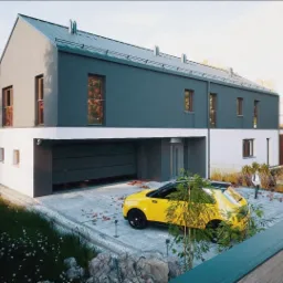 Wizualizacja dwukondygnacyjnego domu z płaskim dachem, garażem i żółtym samochodem na podjeździe, jesienne drzewa w tle.