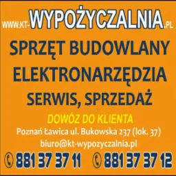 Reklama wypożyczalni sprzętu budowlanego: elektronarzędzia, serwis, sprzedaż, dowóz do klienta, Poznań Ławica, kontakt telefoniczny.