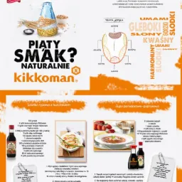 Infografika Kikkoman prezentująca mapę języka smaku i przepisy na sałatkę ryżową z kurczakiem oraz zupę pomidorowo-paprykową, z użyciem sosu sojowego Kikkoman i marynaty Teriyaki Kikkoman.