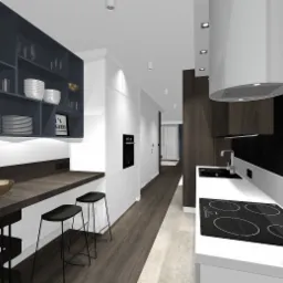 Wizualizacja nowoczesnej kuchni z ciemnymi akcentami: antracytowe szafki wiszące z dekoracyjnymi naczyniami i napisem, drewniany blat z hokerami, białe szafki dolne z płytą indukcyjną i czarną...