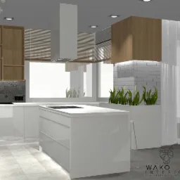 Wizualizacja nowoczesnej kuchni z wyspą, białymi szafkami, drewnianymi akcentami, okapem nad wyspą, oknem z żaluzjami oraz roślinami w donicy przy ścianie z białej cegły.