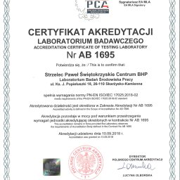 Certyfikat Akredytacji Laboratorium Badawczego Świętokrzyskie Centrum BHP