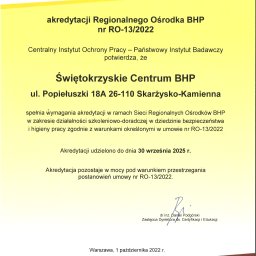Certyfikat Akredytacji Regionalnego Ośrodka BHP wydany przez Centralny Instytut Ochrony Pracy - Państwowy Instytut Badawczy