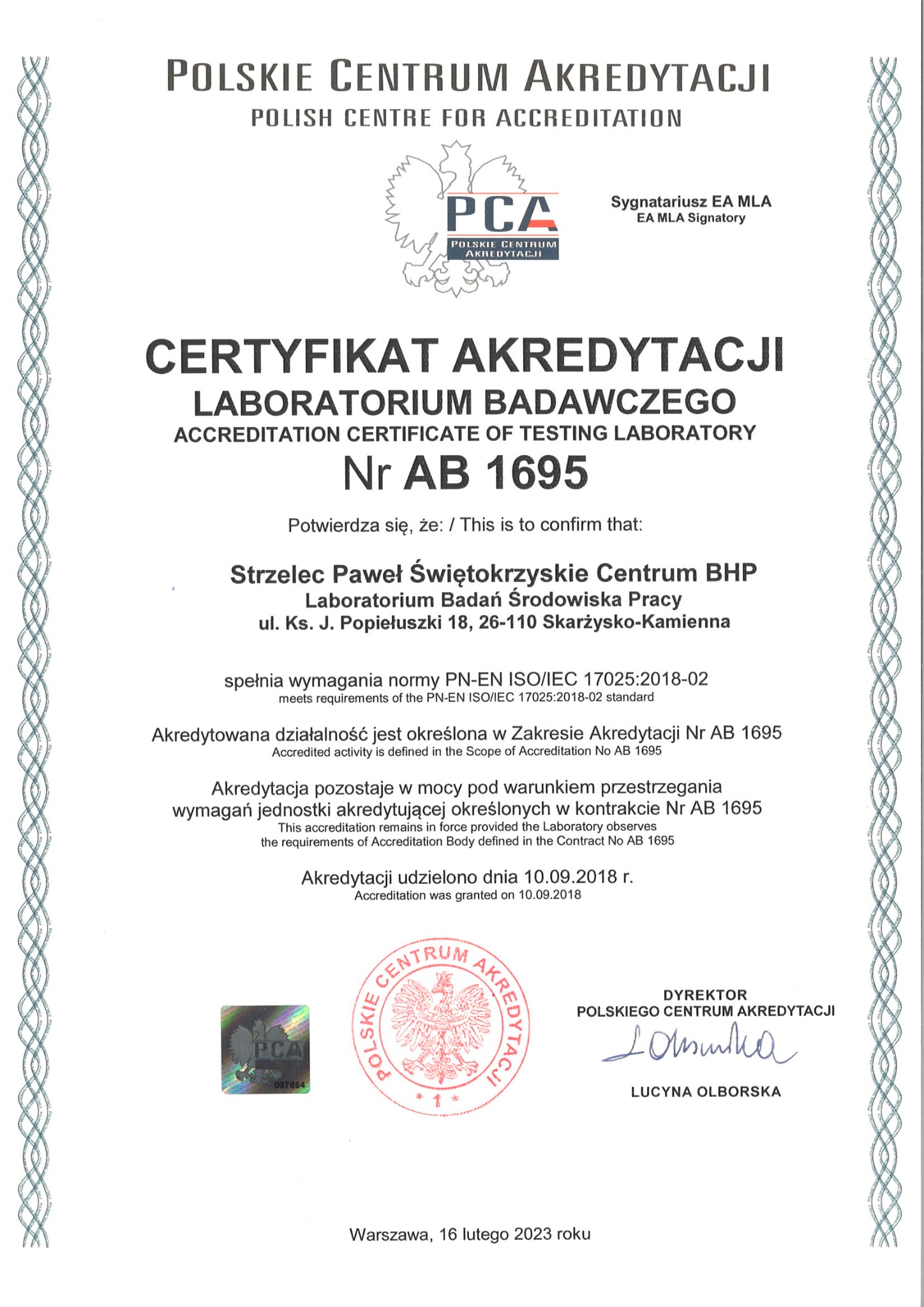 Certyfikat Akredytacji Laboratorium Badawczego Świętokrzyskie Centrum BHP