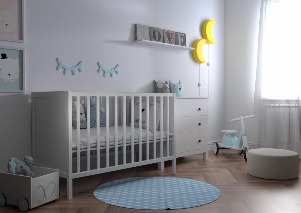 Pokój dziecięcy z białym łóżeczkiem, komodą, okrągłym dywanem w błękitne kropki, drewnianą zabawką-skuterem, pufą i dekoracjami ściennymi w kształcie zamkniętych oczu i księżyców.
