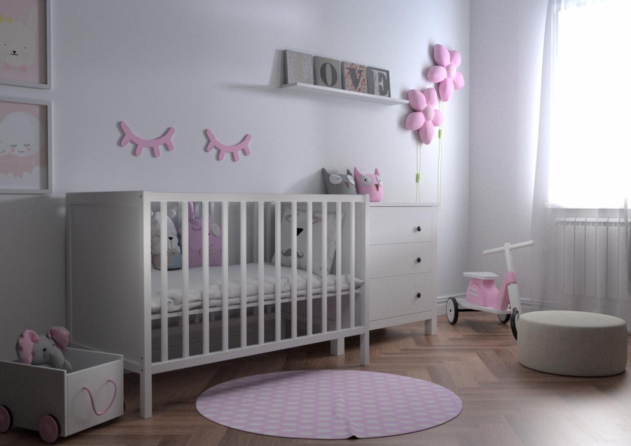 Pokój dziecięcy z białym łóżeczkiem, komodą, i różowym dywanem w kropki, ozdobiony naklejkami w kształcie rzęs i kwiatowymi lampkami.