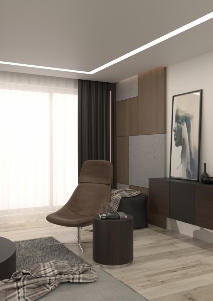 Minimalistyczny salon z brązowym fotelem typu lounge, okrągłym stolikiem z książką i szklanką, oraz panelami ściennymi w odcieniach brązu i szarości, oświetlony ledowym paskiem podsufitowym.