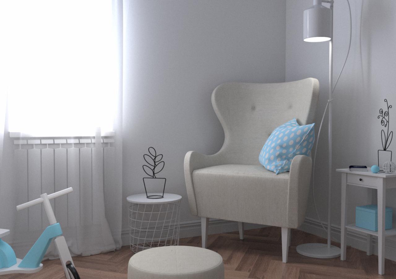 Kremowy fotel uszak z błękitną poduszką w pokoju dziecięcym, obok biały stolik z metalowym koszem i dekoracyjną rośliną, w tle biały grzejnik.