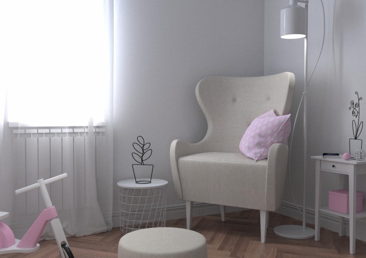 Jasny fotel uszak z różową poduszką w pokoju dziecięcym, obok lampa podłogowa i stolik z dekoracjami, w tle białe zasłony i grzejnik.