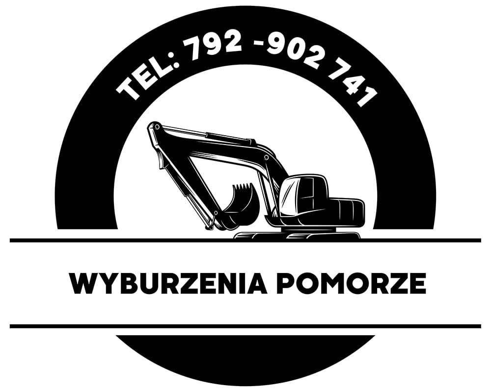 Grafika: czarno-biały logotyp firmy Wyburzenia Pomorze z ilustracją koparki i numerem telefonu. Minimalistyczny design, skoncentrowany na branży wyburzeniowej.