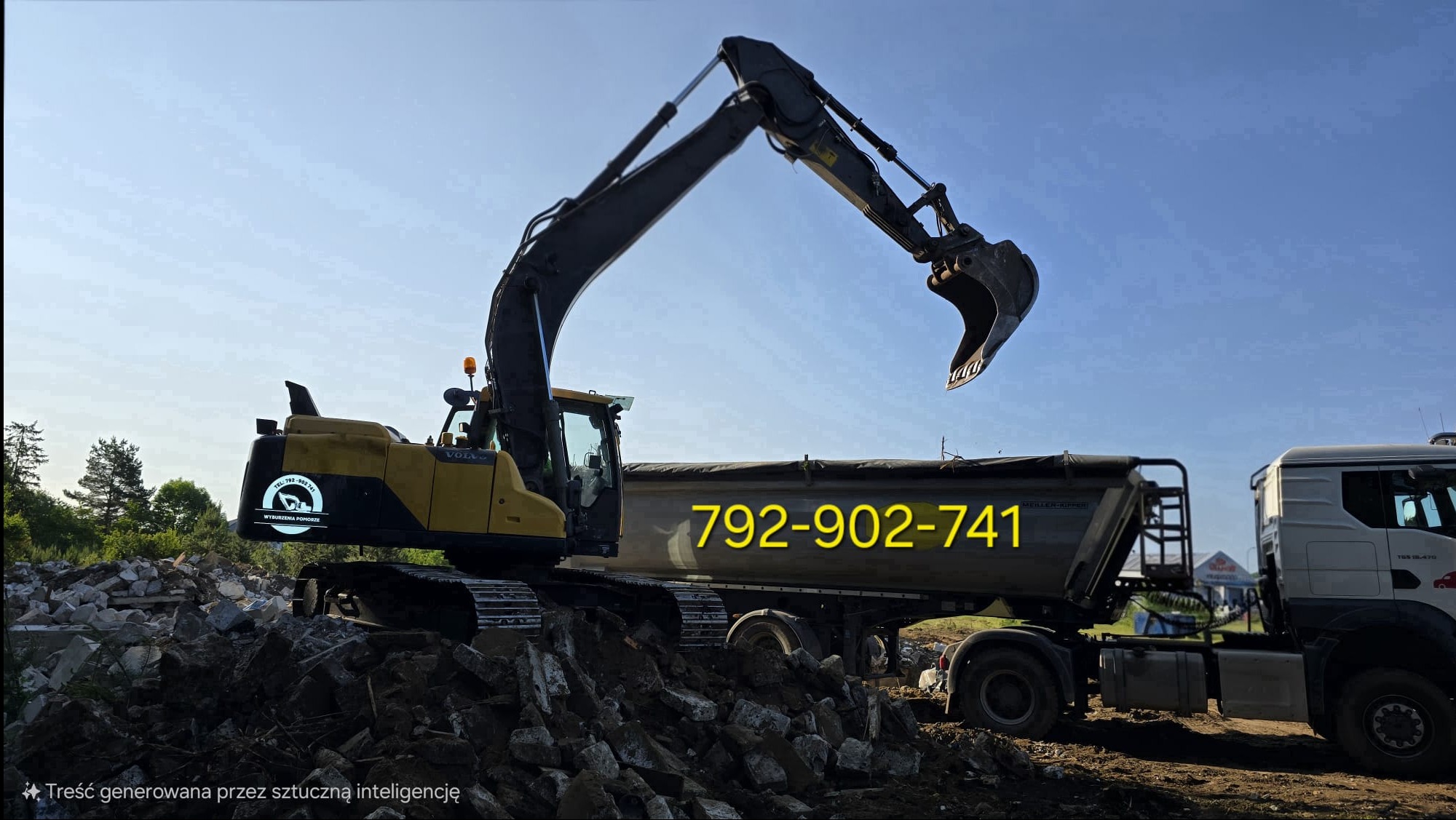 Żółto-czarna koparka Volvo na stercie gruzu, obok wywrotka z numerem telefonu 792-902-741, w tle zieleń i niebo. Praca przy rozbiórce budynku.
