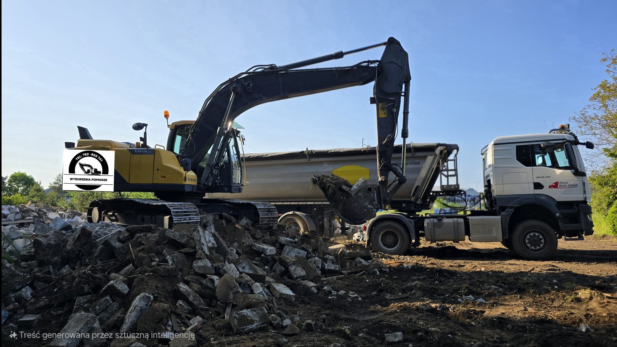 Żółty koparka Volvo załadowuje gruz do wywrotki MAN w słoneczny dzień. Widoczne logo firmy 'Wyburzenia Pomorze'.