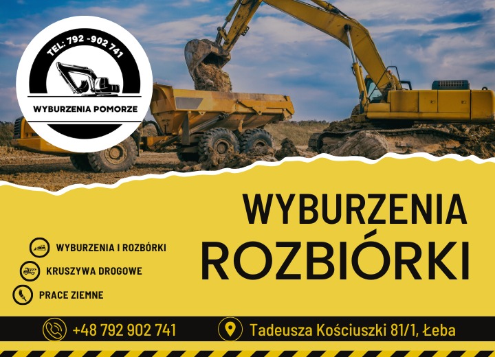 Żółta koparka i wywrotka w trakcie prac ziemnych, logo firmy 'Wyburzenia Pomorze' z numerem telefonu i adresem. Grafika reklamowa.