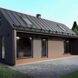 Wizualizacja domu jednorodzinnego z ciemną blachą trapezową na dachu, z oknami dachowymi i elewacją z pionowych desek w dwóch odcieniach szarości, otoczonego zielenią i brukowaną ścieżką.