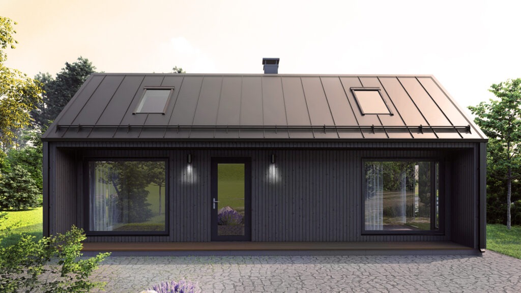 Nowoczesny, parterowy dom z ciemną blachą trapezową na dachu, dwoma oknami dachowymi i elewacją z pionowych desek, oświetlony dwoma lampami przy drzwiach wejściowych. Podłoże wyłożone kostką brukową.