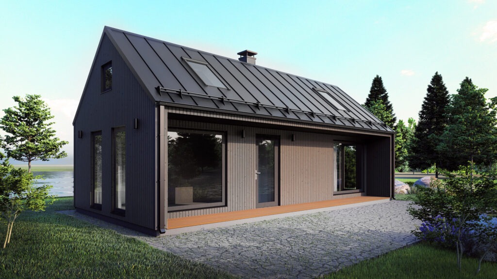 Wizualizacja domu jednorodzinnego z ciemną blachą trapezową na dachu, z oknami dachowymi i elewacją z pionowych desek w dwóch odcieniach szarości, otoczonego zielenią i brukowaną ścieżką.