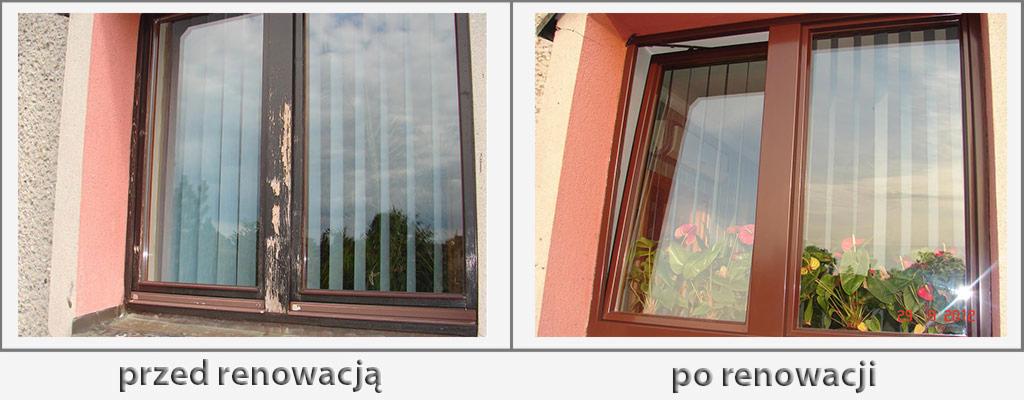 Porównanie okna przed i po renowacji: zniszczona, łuszcząca się rama po lewej, odnowione okno z roślinami w doniczce po prawej.