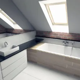 Nowoczesna łazienka na poddaszu z ceglaną ścianą, białą armaturą i oknami dachowymi.