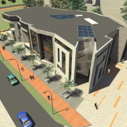 Wizualizacja 3D budynku usługowego w Żninie z panelami słonecznymi na dachu, widok z lotu ptaka, prezentująca nowoczesną architekturę i zagospodarowanie terenu z parkingiem i zielenią.