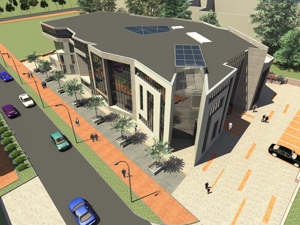 Wizualizacja 3D budynku usługowego w Żninie z panelami słonecznymi na dachu, widok z lotu ptaka, prezentująca nowoczesną architekturę i zagospodarowanie terenu z parkingiem i zielenią.