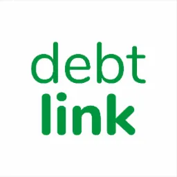 Zielone logo Debtlink na białym tle, nazwa firmy w dwóch wierszach, minimalistyczny styl.