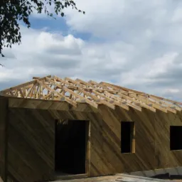 Wznoszenie konstrukcji dachu na budynku z deskami ułożonymi skośnie; widoczne niebo i fragment drzewa.