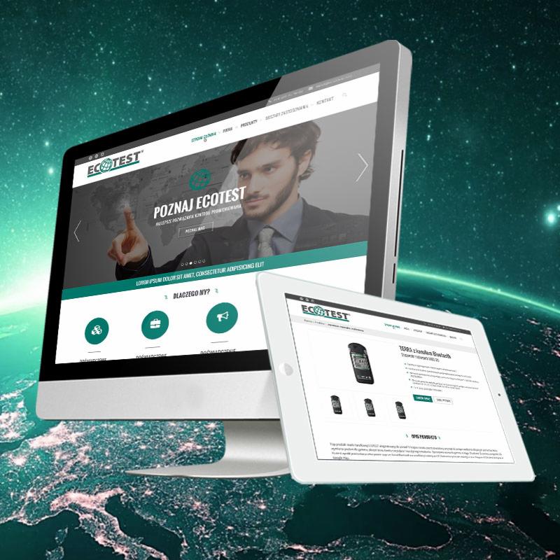 Prezentacja responsywnej strony internetowej 'Ecotest' na monitorze i tablecie, z tłem przedstawiającym nocną Ziemię z kosmosu.