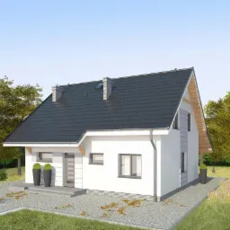 Wizualizacja projektu budynku usługowego z ciemną dachówką, białymi ścianami i dwoma kominami, otoczona zielenią.