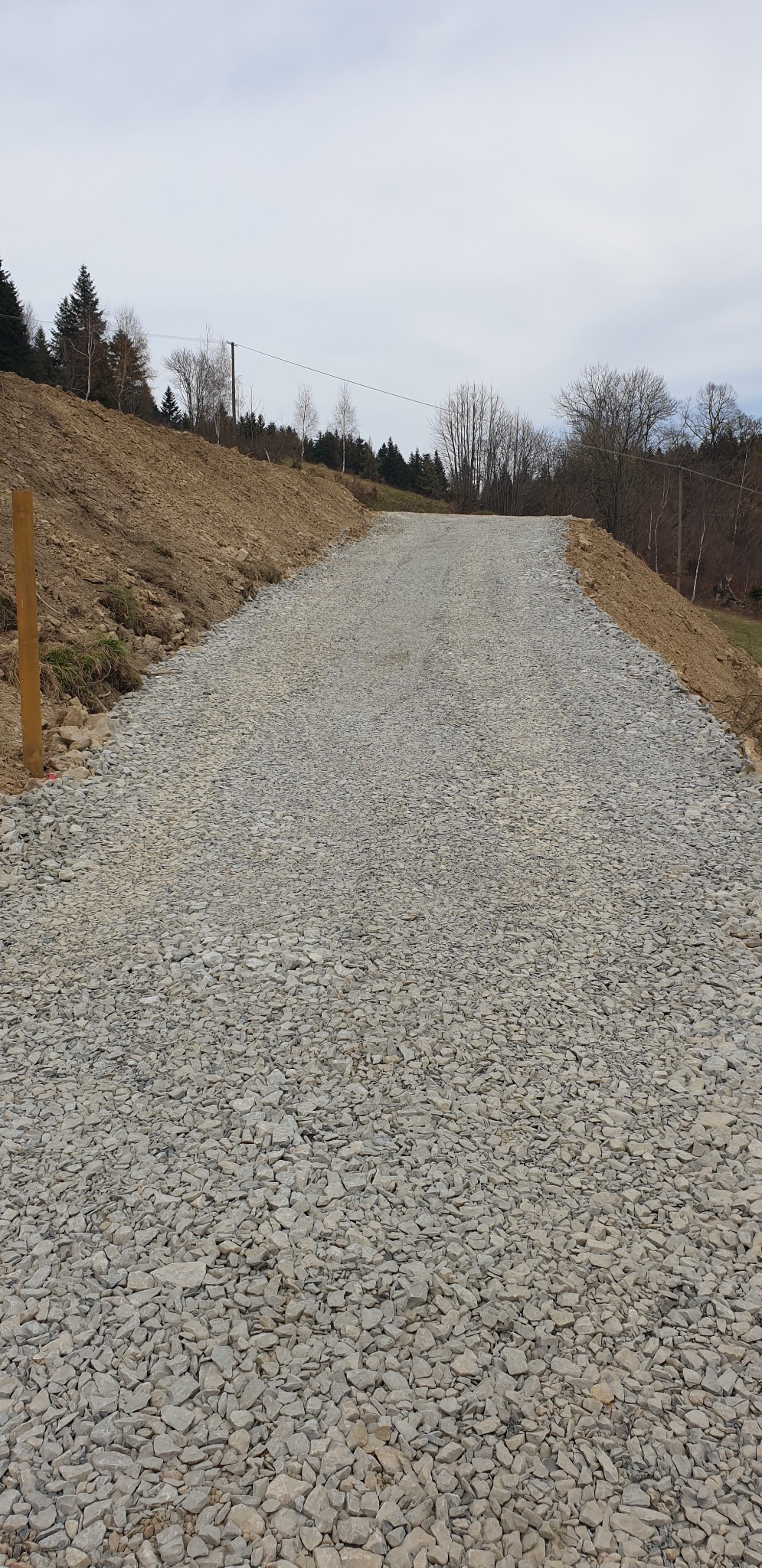 Nowo utwardzona droga gruntowa z szarym kruszywem, widok z perspektywy pieszego, brązowe zbocza po bokach, słup drewniany po lewej stronie, pochmurne niebo w tle.